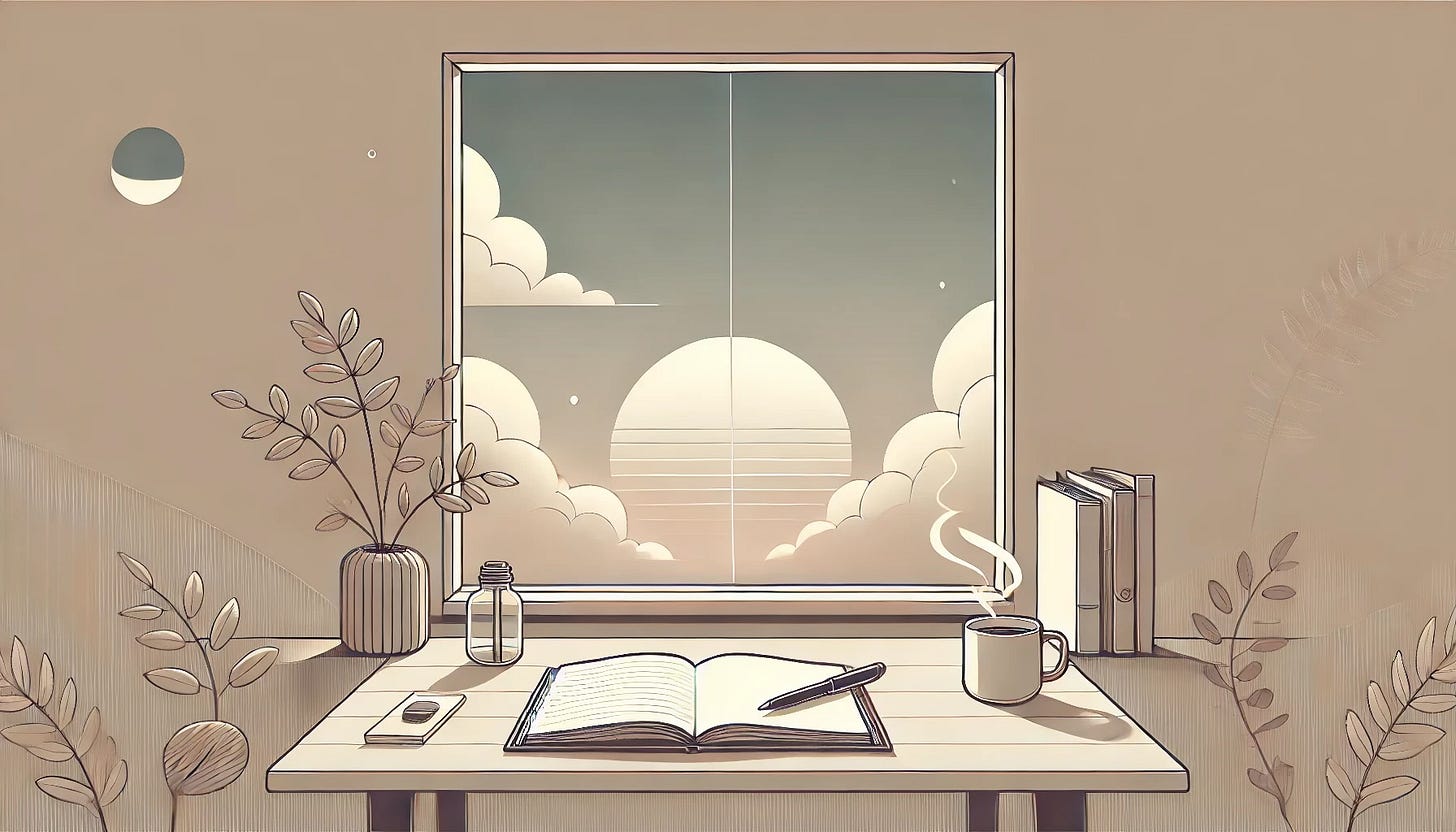 A minimalist illustration of a serene writing desk near a large window. The open notebook and pen rest on the desk alongside a steaming cup of coffee. Through the window, a soft gradient sky symbolizes change and fresh perspectives. The scene is calm, with clean lines and a muted, neutral color palette, evoking a sense of focus and tranquility.