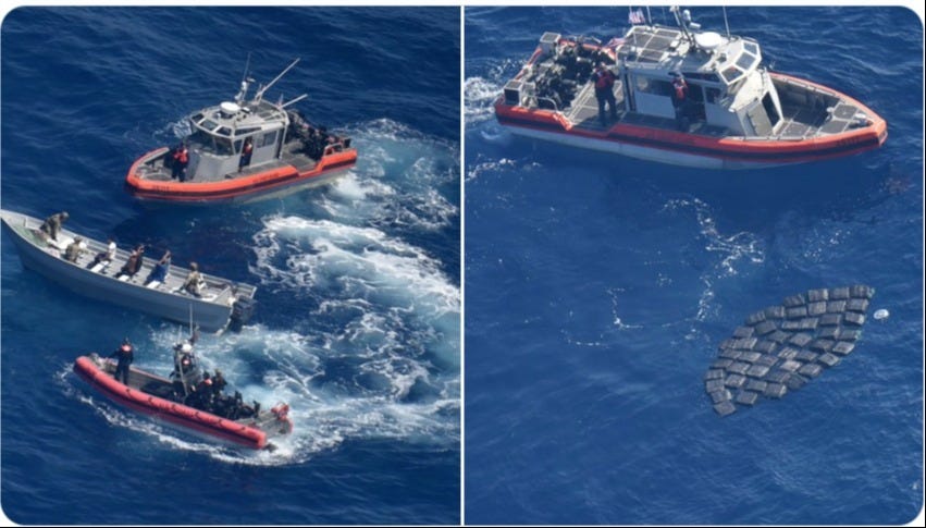 View from a CBP Patrol aircraft as USCG crews intercept a smuggling vessel and recover bricks of cocaine tossed overboard (March 4, 2025)