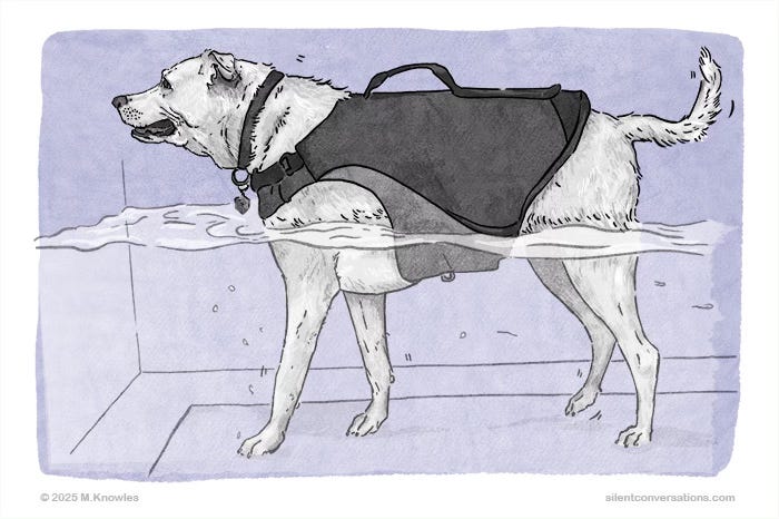 An illustration of a dog walking in a water treadmill. The dogs lips are pulled back with with creases along the corners of the mouth. An illustration of a dog walking in a water treadmill. The dogs lips are pulled back with with creases along the corners of the mouth.