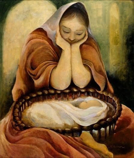 A collection of images of Mary at the manger: 1. Albin Egger-Lienz; 2. Sandra Bierman;