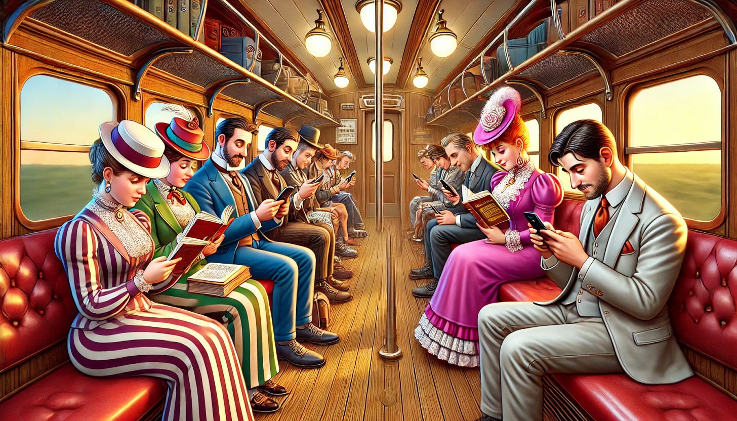 A cartoon illustration of a scene inside a train car with a mix of passengers. Half of the people are wearing colorful Victorian attire, complete with hats, corsets, and suits, and are reading old-fashioned books with a thoughtful demeanor. The other half are dressed in modern, casual clothing, each focused on their smartphones. The setting inside the train has a playful, slightly exaggerated style, combining elements of vintage wood seating with sleek, modern design details. The lighting is bright and cheerful, emphasizing the whimsical contrast between the Victorian readers and the modern smartphone users.