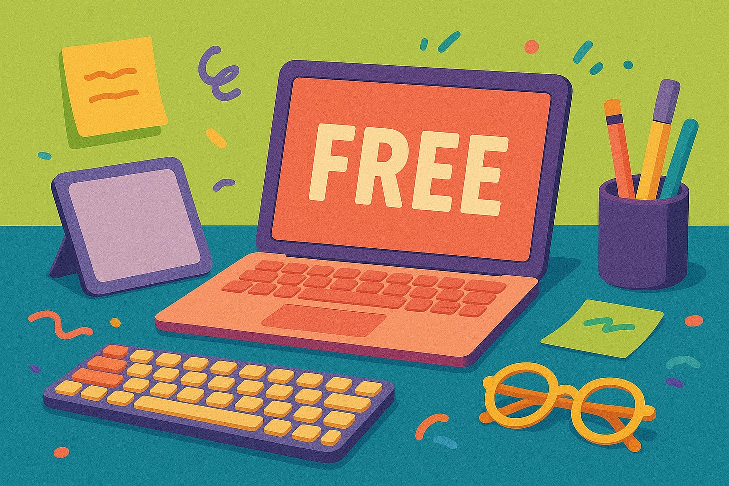 A colorful flat-style illustration of a creative workspace featuring a coral-orange laptop with the word "FREE" displayed on its screen. The desk also includes a multicolored mechanical keyboard, yellow round glasses, an iPad with a stand, a purple pen holder with vibrant pens, and scattered sticky notes and confetti-like doodles—all set against a bright chartreuse and teal background.