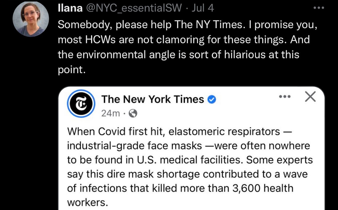 A NYC_essential SW tweet claiming HCWs are not clamoring for PPE from SARS-CoV-2 A NYC_essential SW tweet claiming HCWs are not clamoring for PPE from SARS-CoV-2