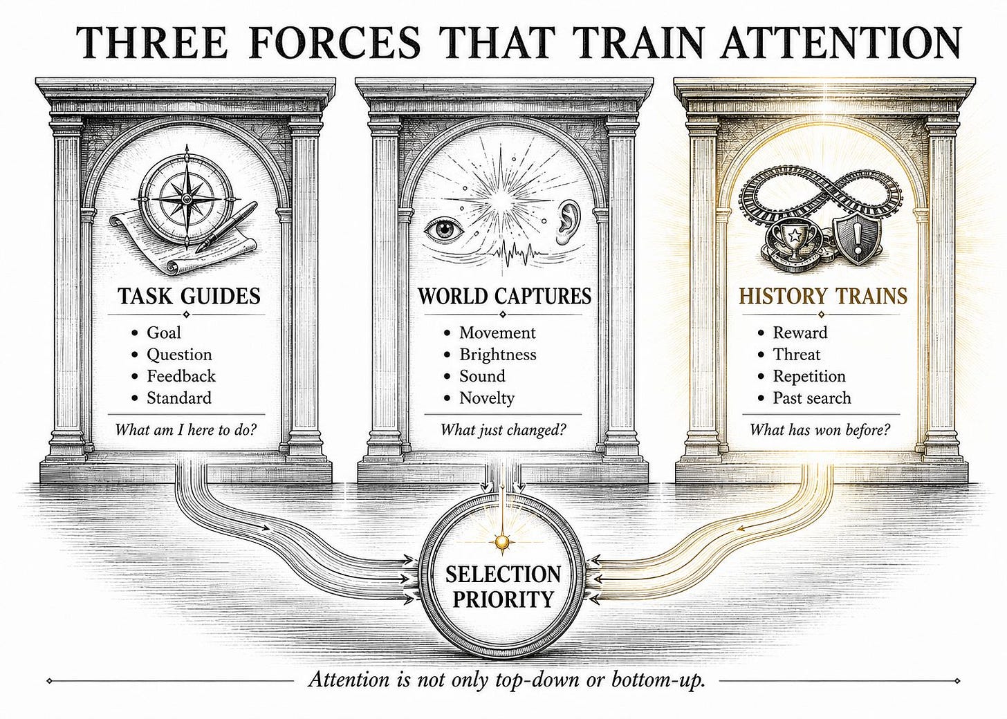 Three-column diagram shows task goals, world cues, and selection history feeding into attentional priority. 