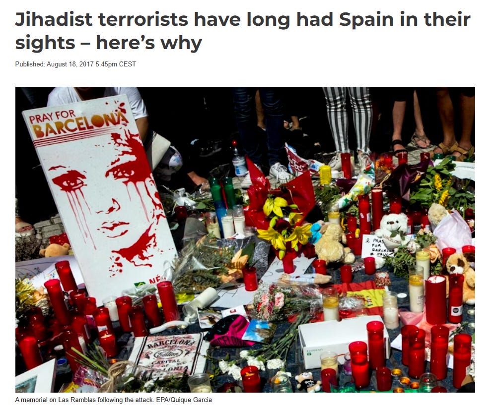 Espanja on jo vuosisatojen ajan ollut islamistien ”takaisinvalloituksen” kohteena, sillä maan aikaisemmin valloittaneet muslimit haluavat ”al-Andalusin”, islamilaisen Espanjan, takaisin – sillä Koraani määrää, että jos alue on kerran vallattu sharia-lain alaisuuteen, se kuuluu aina muslimeille. Espanja vapautettiin myöhemmin alistavasta muslimivallasta ja kalifaatista häätämällä orjuuttavat muslimit Afrikkaan. Nykyajan Marokon muslimit näkevät tehtäväkseen vallata alueen ”takaisin”, vaikka se ei ole ikinä kuulunut muslimeille. Espanja on jo vuosisatojen ajan ollut islamistien ”takaisinvalloituksen” kohteena, sillä maan aikaisemmin valloittaneet muslimit haluavat ”al-Andalusin”, islamilaisen Espanjan, takaisin – sillä Koraani määrää, että jos alue on kerran vallattu sharia-lain alaisuuteen, se kuuluu aina muslimeille. Espanja vapautettiin myöhemmin alistavasta muslimivallasta ja kalifaatista häätämällä orjuuttavat muslimit Afrikkaan. Nykyajan Marokon muslimit näkevät tehtäväkseen vallata alueen ”takaisin”, vaikka se ei ole ikinä kuulunut muslimeille.