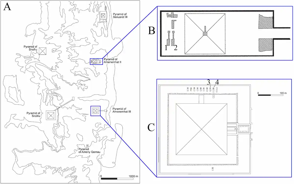 **(A)** Map of the Dahshur necropolis. **(B)** The pyramid complex of Amenemhat II, showing the western galleries and the burial chambers of Khnumit and Ita (B1), and Itaweret and Sathathormeryt (B2). **(C)** The pyramid complex of Amenemhat III, highlighting the northern shaft complex, including the King Hor shaft (C3) and the tomb of Noub Hotep (C4). Credit: Z. Hashesh et al. (2026).