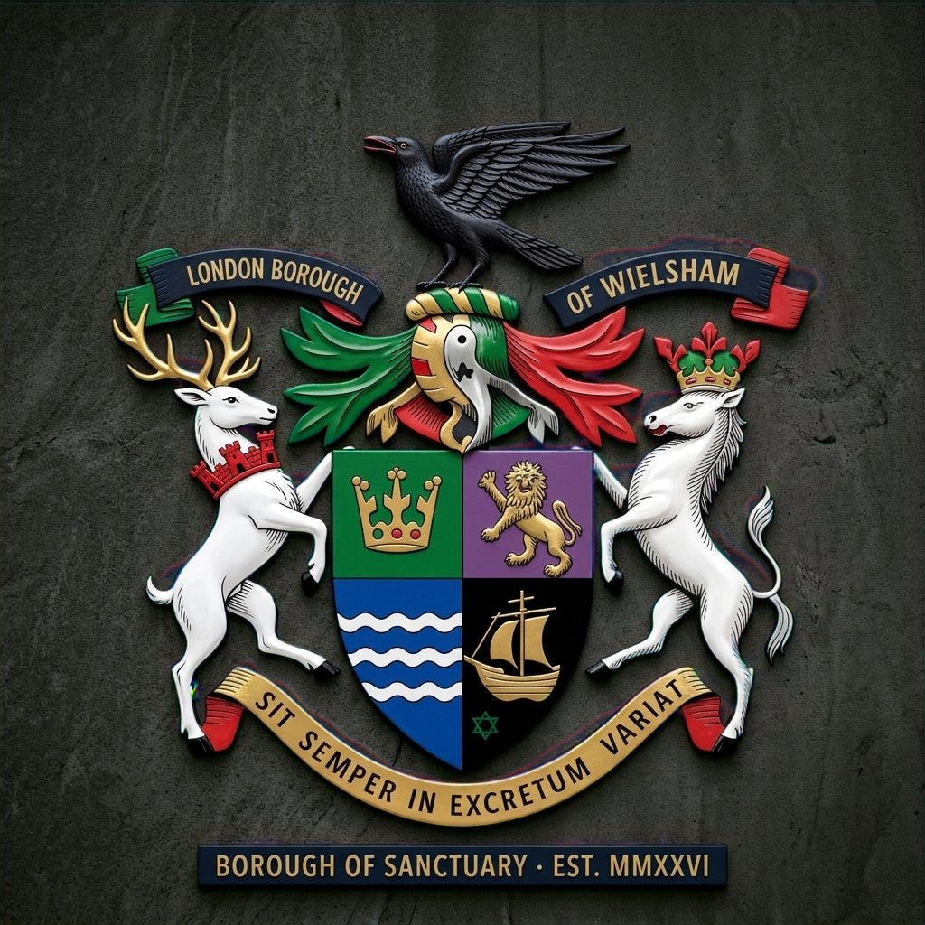 Heraldic coat of arms for the London Borough of Wielsham. A black raven with wings displayed stands on a gold and green torse above a quartered shield. Upper left field green with gold Saxon crown. Upper right field purple with gold lion rampant. Lower field black with blue and white wavy bars representing two rivers and a gold sailing ship. A white stag with gold antlers on the left and a white horse with crown on the right serve as supporters. The motto scroll reads Sit Semper In Excretum Variat. Below the shield a dark band reads Borough of Sanctuary Est. MMXXVI. Created for The Almighty Gob, 2026. Heraldic coat of arms for the London Borough of Wielsham. A black raven with wings displayed stands on a gold and green torse above a quartered shield. Upper left field green with gold Saxon crown. Upper right field purple with gold lion rampant. Lower field black with blue and white wavy bars representing two rivers and a gold sailing ship. A white stag with gold antlers on the left and a white horse with crown on the right serve as supporters. The motto scroll reads Sit Semper In Excretum Variat. Below the shield a dark band reads Borough of Sanctuary Est. MMXXVI. Created for The Almighty Gob, 2026.