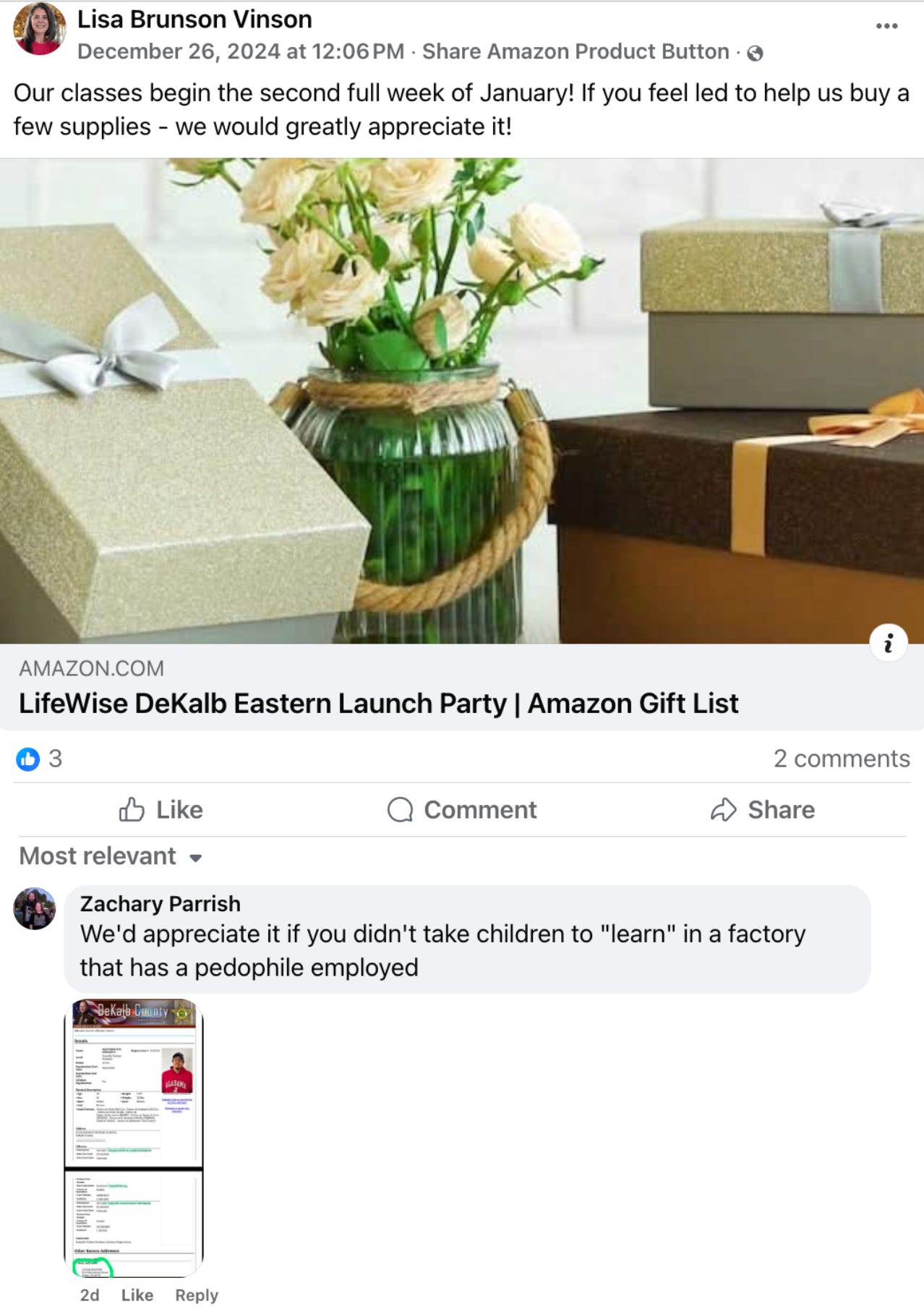 Secular Education Association co-founder Zachary Parrish comments on LifeWise Dekalb Eastern LifeWise director Lisa Vinson’s Facebook post in December 2024. 