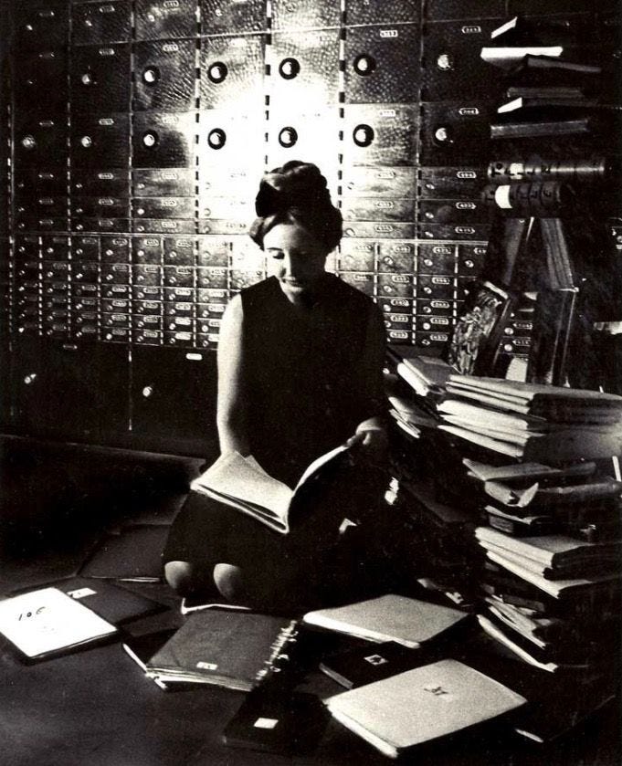 Anaïs Nin, posed in structured tailoring against a surrealist backdrop in 1936 and later seated among her archival manuscripts in the 1960s, embodies the dual nature of her ethos—at once the elegant projection of intellectual mystique and the meticulous curator of her own literary mythology.