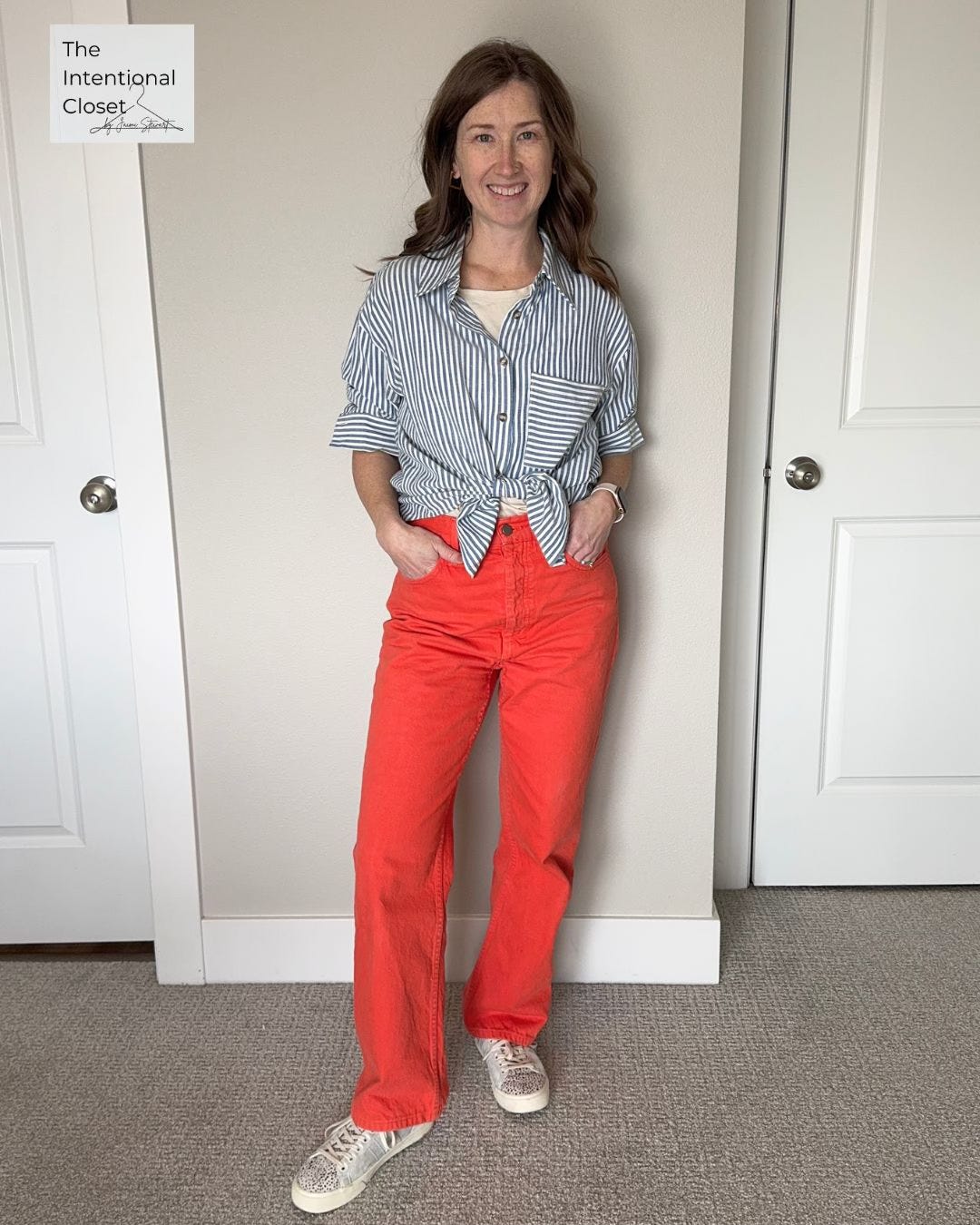 blue stripe shirt outfit, orange pants styling