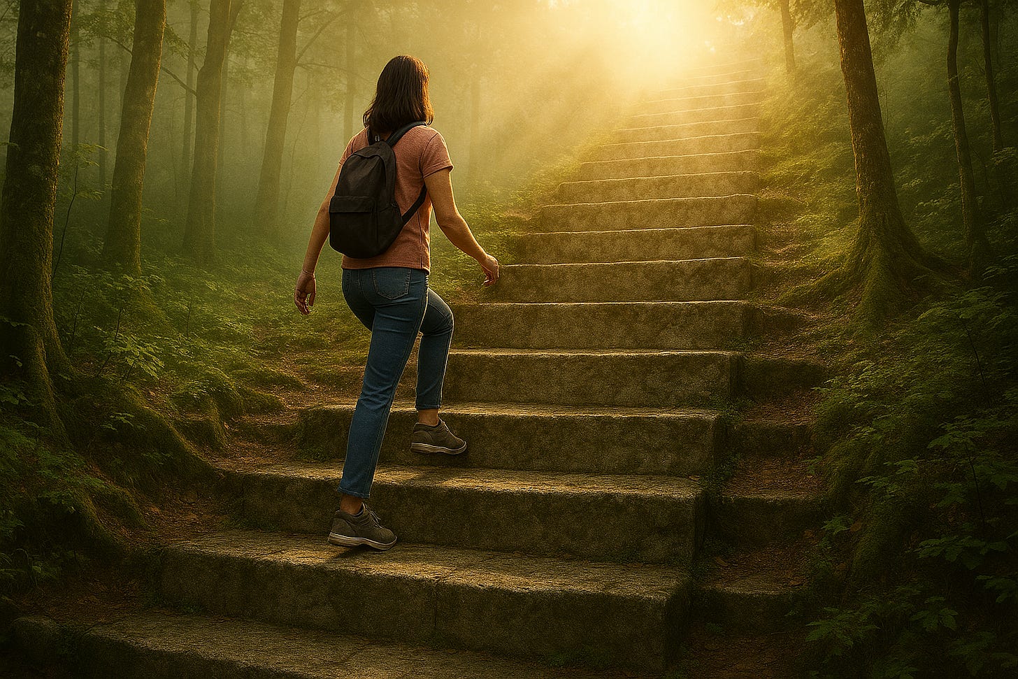 Woman climbs stone stairs through misty forest toward golden light, symbolizing a journey or personal transformation.