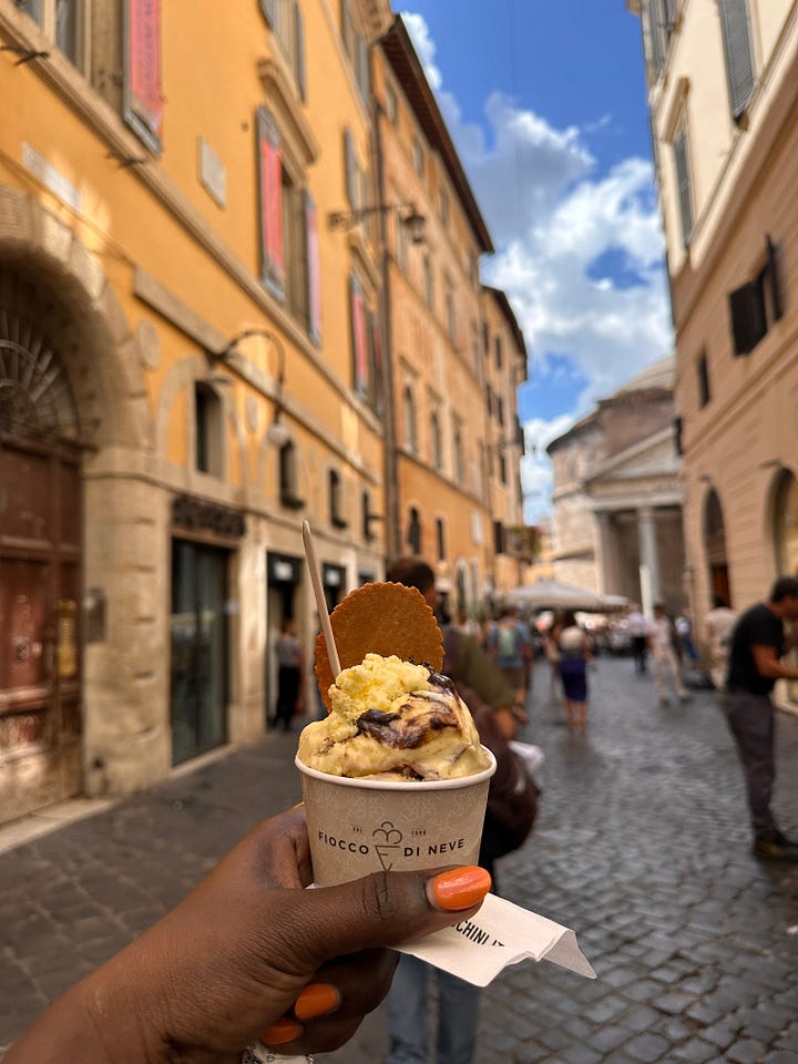 creamy gelato, snapshot of Fiocco Di Neve the gelato shop, Gucci store and the Spanish Steps