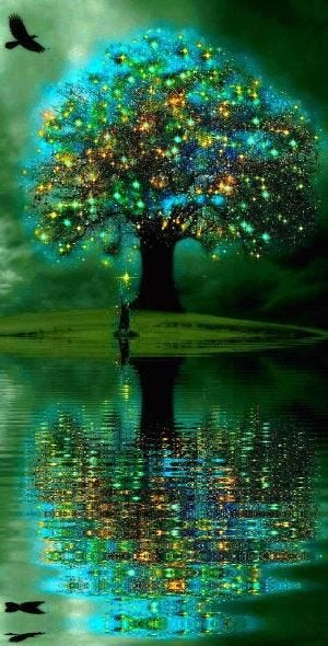 This may contain: a painting of a tree with colorful lights on it's trunk and reflection in the water