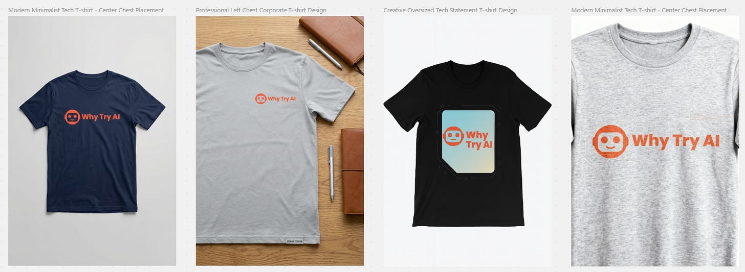 Collection of Why Try AI T-shirt mockups featuring the logo on navy, gray, black, and light gray shirts with center and left chest placements, created using new Genspark design features
