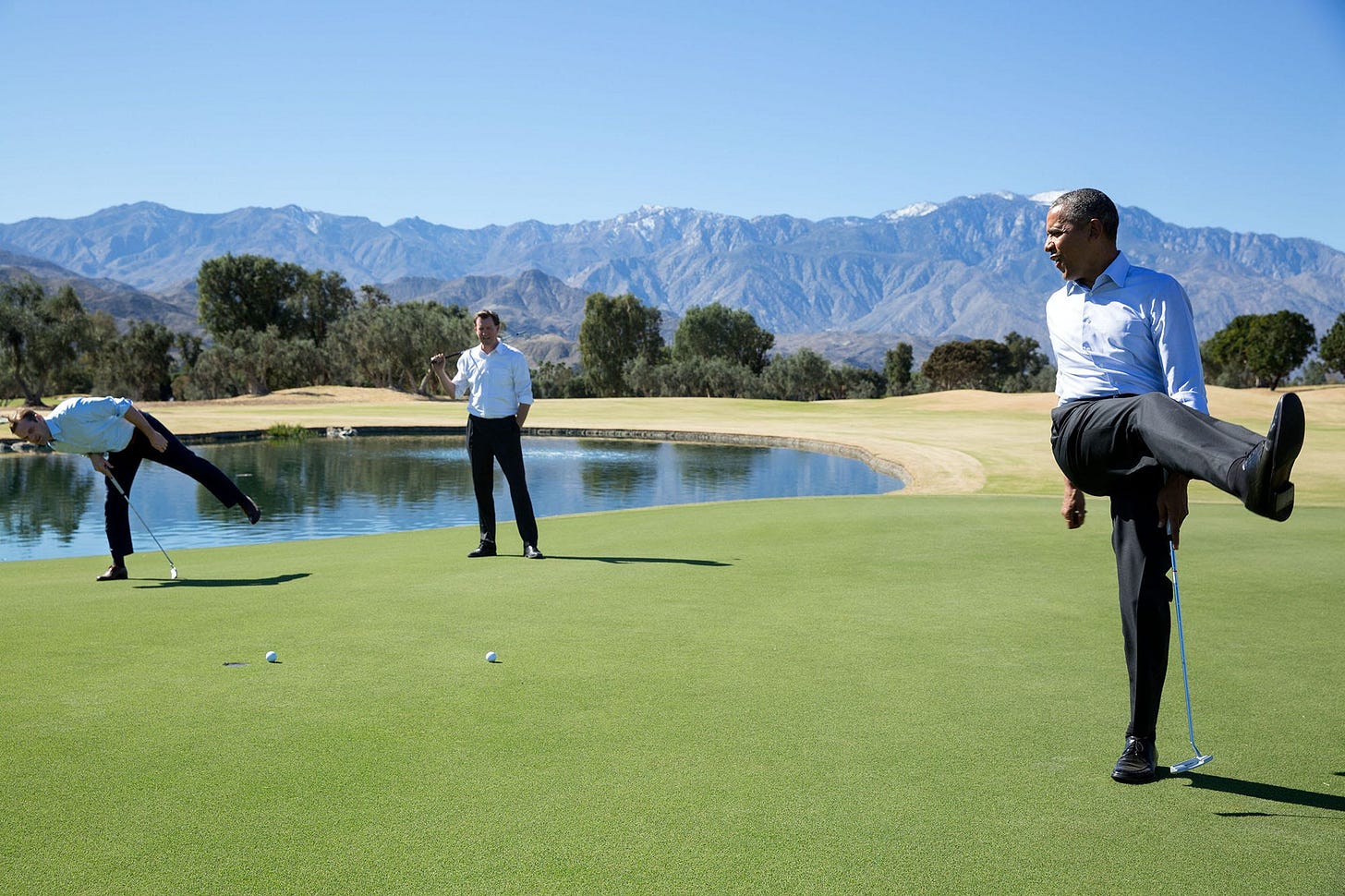 February 16, 2016: President Obama reacts to a missed putt during a casual golf game with staffers Joe Paulsen and Marvin Nicholson, following the U.S.-ASEAN Summit in Rancho Mirage, California. February 16, 2016: President Obama reacts to a missed putt during a casual golf game with staffers Joe Paulsen and Marvin Nicholson, following the U.S.-ASEAN Summit in Rancho Mirage, California.