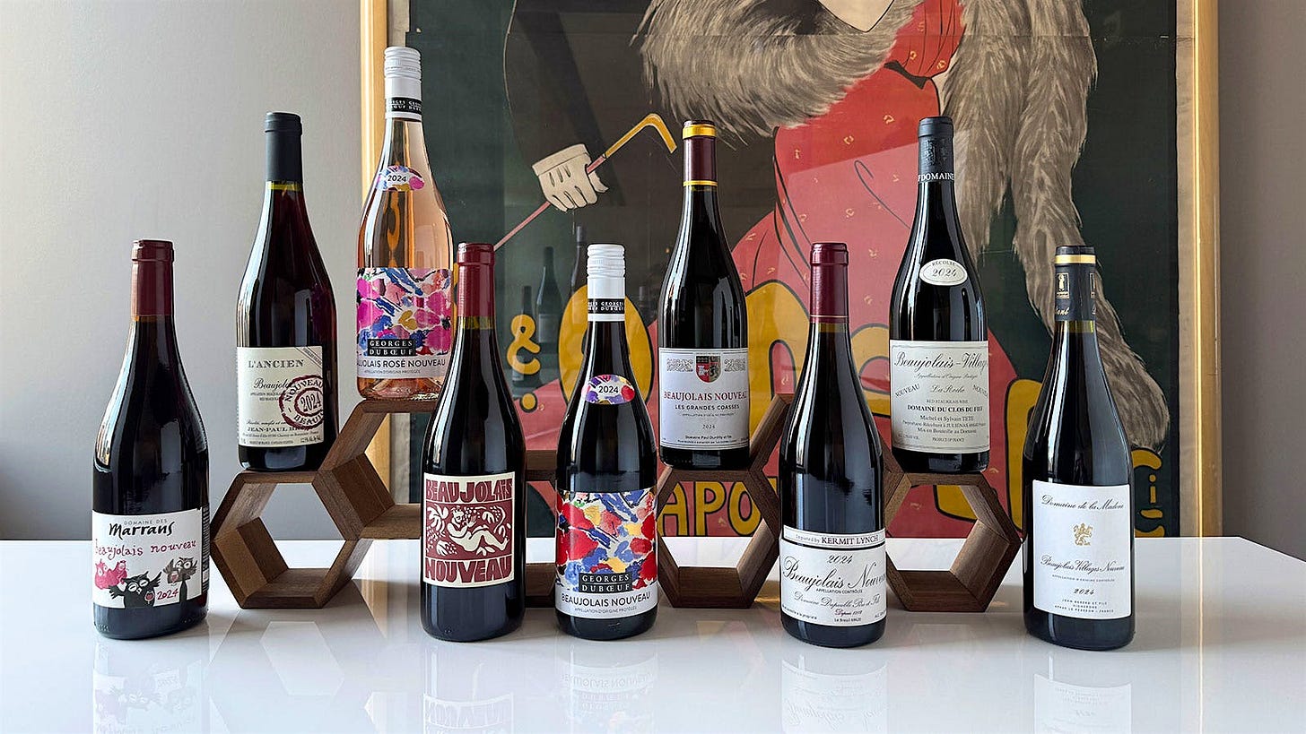 Nine bottles of 2024 Beaujolais Nouveau