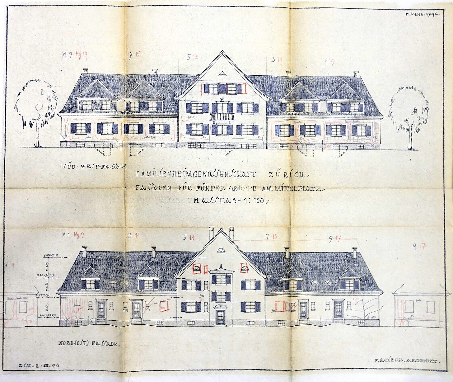 Figure 3. The Familienheim Genossenschaft Zürich is one of the first cooperative organizations to emerge in the 1920s to provide housing for working-class families on the outskirts of Switzerland’s largest and rapidly industrializing city. The elevation drawing of a five-unit building by architect F. Reiber shows the traditional  Heimatstil -architecture favored at the time. Courtesy of FGZ Archiv.