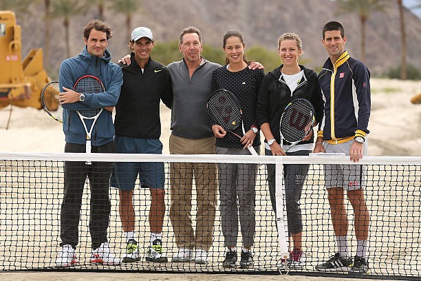 Roger Federer of Switzerland, Rafael Nadal of Spain, Larry Ellison, tournament owner and CEO of Oracle, Ana Ivanovic of Serbia, Victoria Azarenka of...