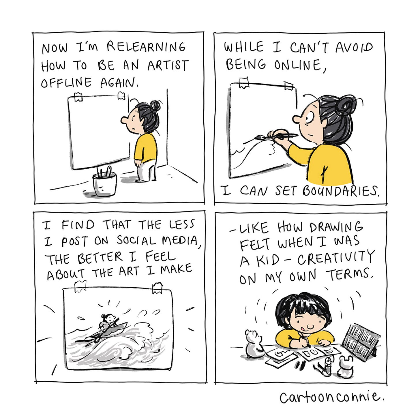 Panels 7-10 of a 2-page comic strip about an artist's relationship with the internet and social media over decades of making art online. Titled "Internet Artist," 2026, original art by Connie Sun, cartoonconnie. Panels 7-10 of a 2-page comic strip about an artist's relationship with the internet and social media over decades of making art online. Titled "Internet Artist," 2026, original art by Connie Sun, cartoonconnie.