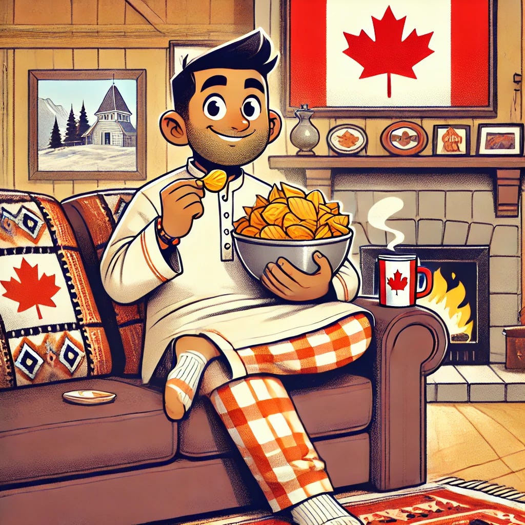 A cartoon illustration of an Indian dad sitting comfortably on a sofa in a Canadian living room, wearing a casual kurta and pajama, eating chips from a bowl with a cheerful expression. The living room features a mix of Indian and Canadian decor, including a maple leaf cushion, traditional Indian patterns, a fireplace, and a framed picture of a snowy mountain. A steaming cup of chai is placed on the table beside him. The art style is playful and exaggerated, with bold outlines and warm colors.