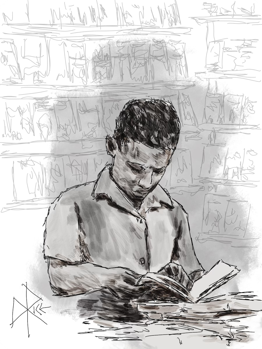 A boy stands in a book store, leafing through a book that he has picked up from a table. Sketch art by Don Rice.