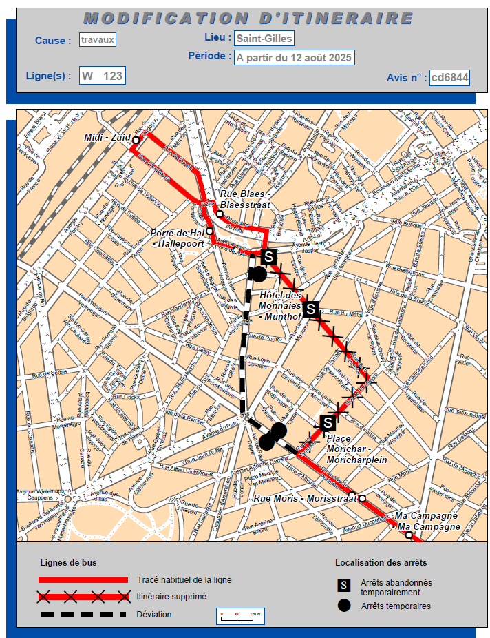 Plan de la déviation des bus W,123 et 365a. Plan de la déviation des bus W,123 et 365a.