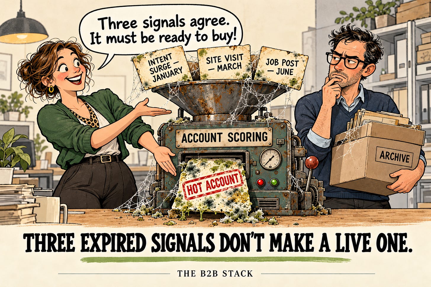 Cartoon: three mouldy cards, "Intent surge – January", "Site visit – March" and "Job post – June", are fed into a rusty "Account scoring" machine that prints a mouldy "Hot account" card, while the marketer says "Three signals agree. It must be ready to buy!" and a colleague holds a box marked "Archive". Caption: Three expired signals don't make a live one.