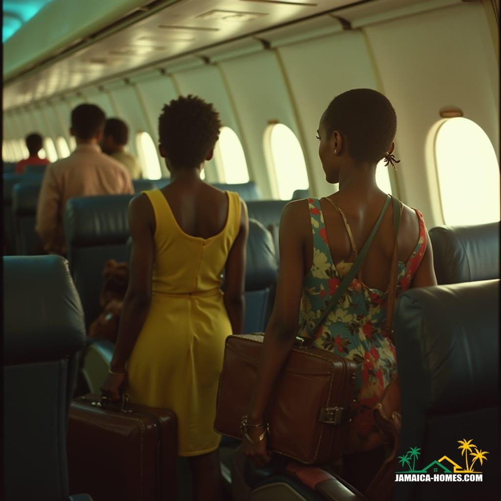  Cinematic film still of young adults, children of Windrush pioneers, travelling back to Jamaica by plane in the early 2000s, carrying vintage suitcases. The atmosphere is a bittersweet blend of anticipation and nostalgia. Shot on v-raptor XL, 35mm film, with visible film grain, a subtle vignette, and rich color grading. Cinematic, atmospheric, and dramatic lighting enhances the epic and stunning quality of this live-action masterpiece.