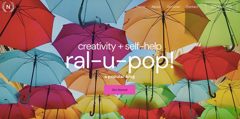 Screenshot of ralupop.com, umbrellas image from unsplash Judith Girard Marczak