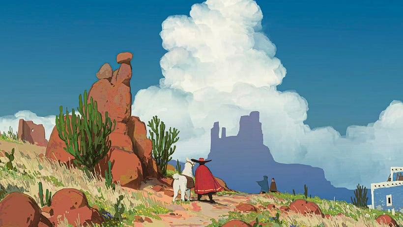 A man stands in the space between the desert and a small town, looking at towering rocks and clouds.