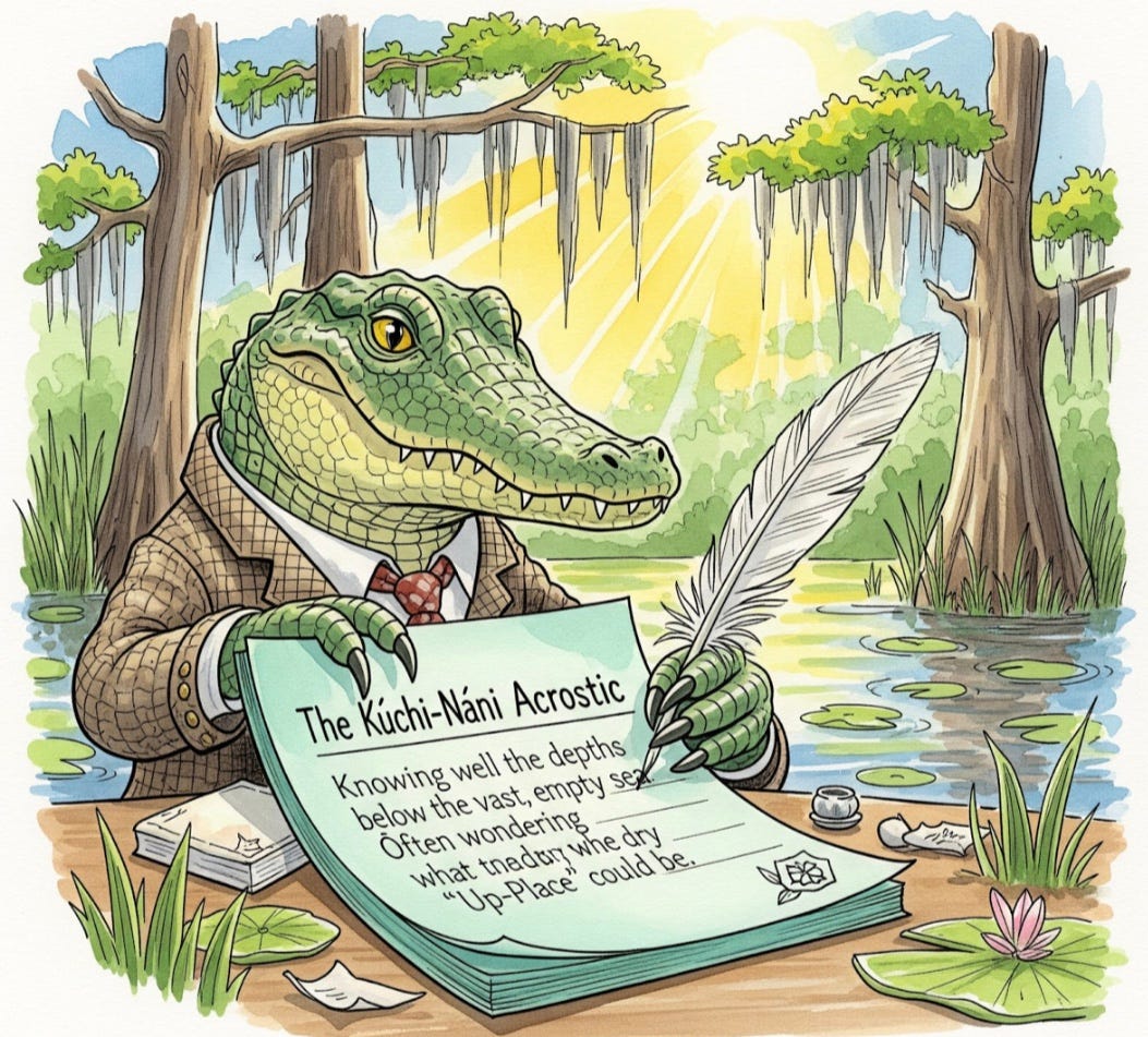 Cartoon image of alligator poet in a suit writing an acrostic poem.