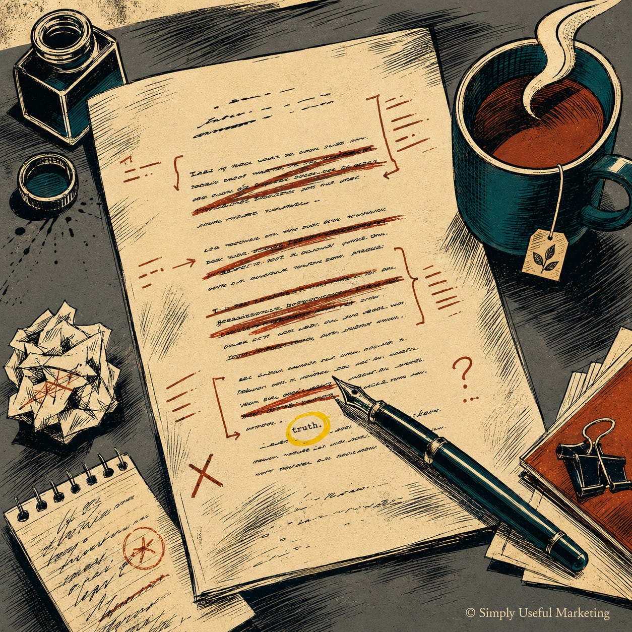 Alt text: Vintage-style overhead illustration of an editing desk with a marked-up manuscript, rust-red crossed-out lines, a deep teal tea mug, and a fountain pen paused mid-edit. A single yellow-circled word draws attention to the ruthless act of revision. Alt text: Vintage-style overhead illustration of an editing desk with a marked-up manuscript, rust-red crossed-out lines, a deep teal tea mug, and a fountain pen paused mid-edit. A single yellow-circled word draws attention to the ruthless act of revision.