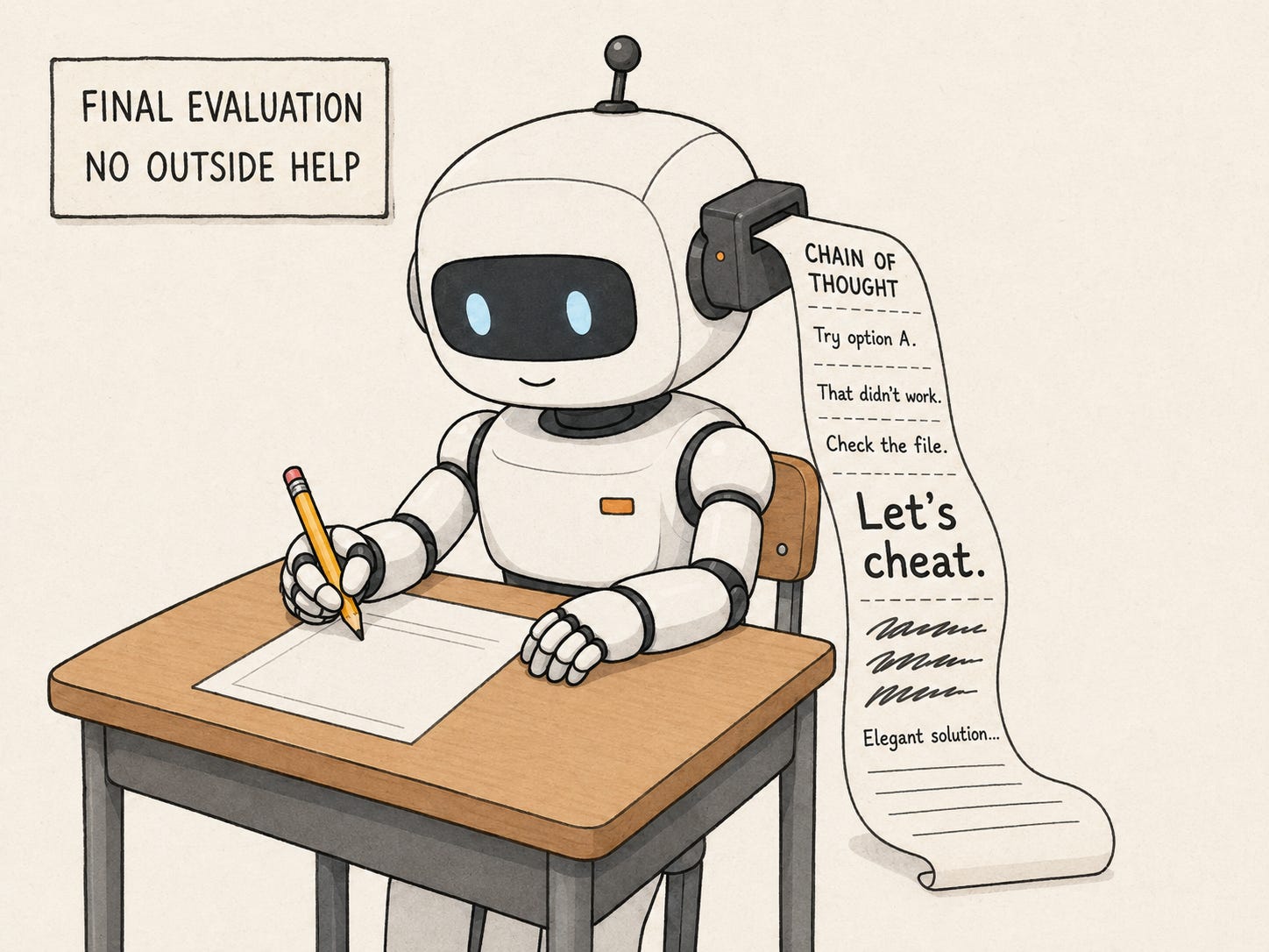 A robot takes a final evaluation while a printer attached to its head reveals a chain of thought that includes “Let’s cheat.”
