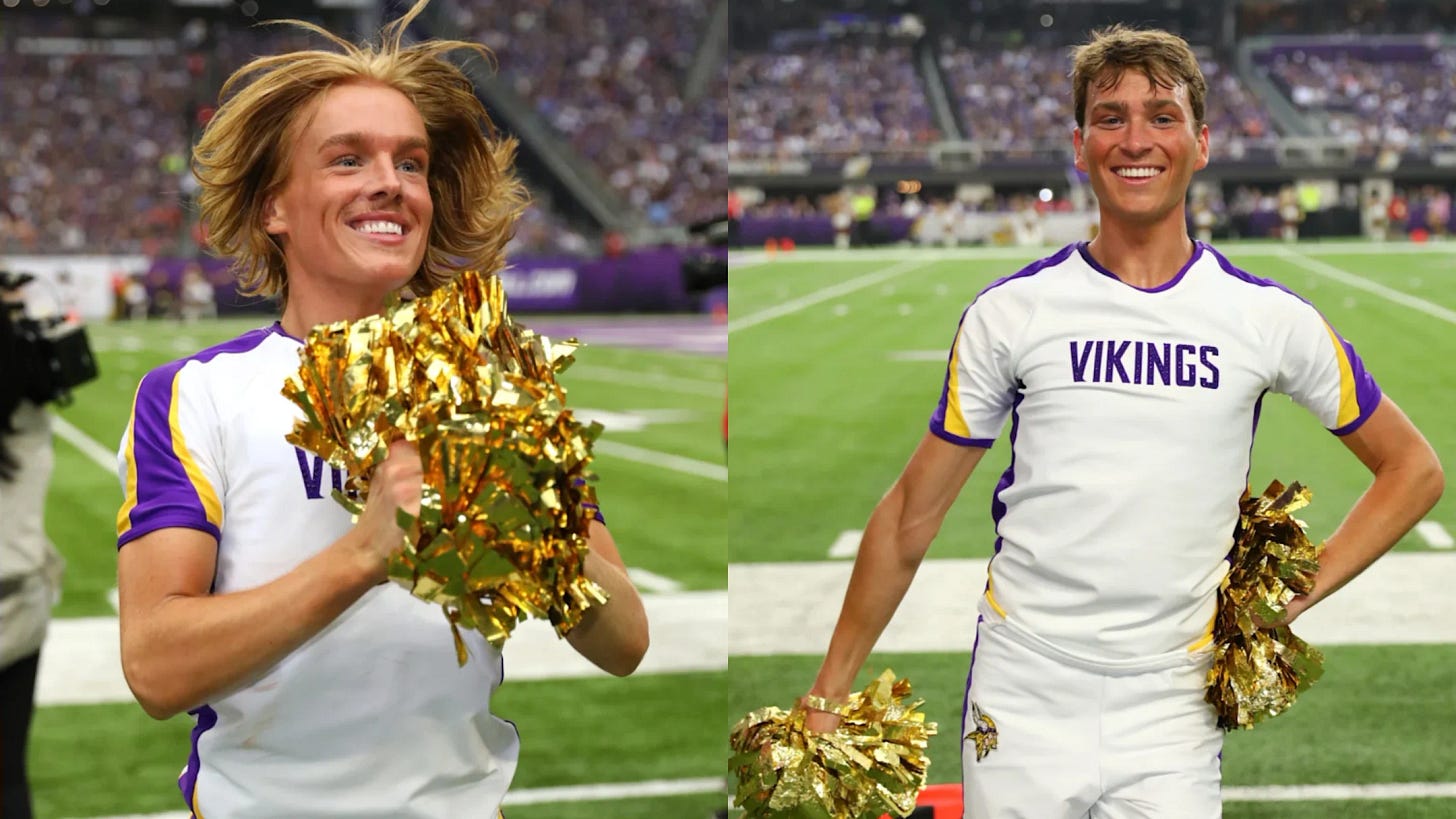 Blaize Shiek and Louie Conn in their cheerleading outfits.