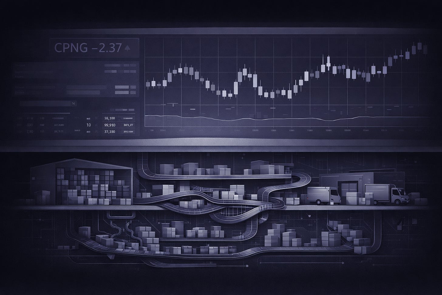 Editorial illustration showing Wall Street’s view of Coupang through a stock chart and market interface, with a larger hidden execution system beneath the surface.