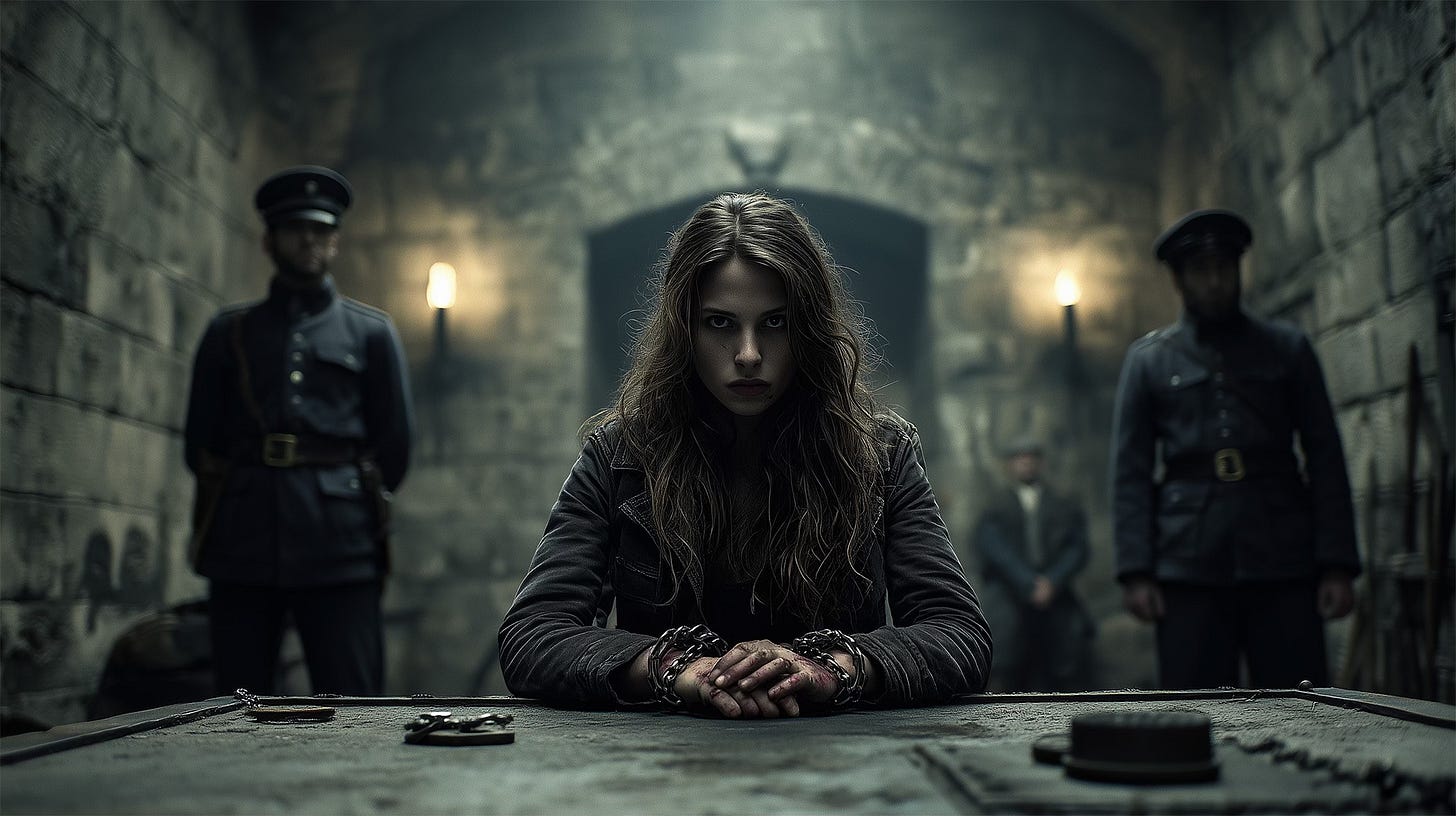 A woman with visible injuries sits handcuffed at a metal table in a dim stone interrogation room while uniformed guards stand behind her, watching in silence. A woman with visible injuries sits handcuffed at a metal table in a dim stone interrogation room while uniformed guards stand behind her, watching in silence.