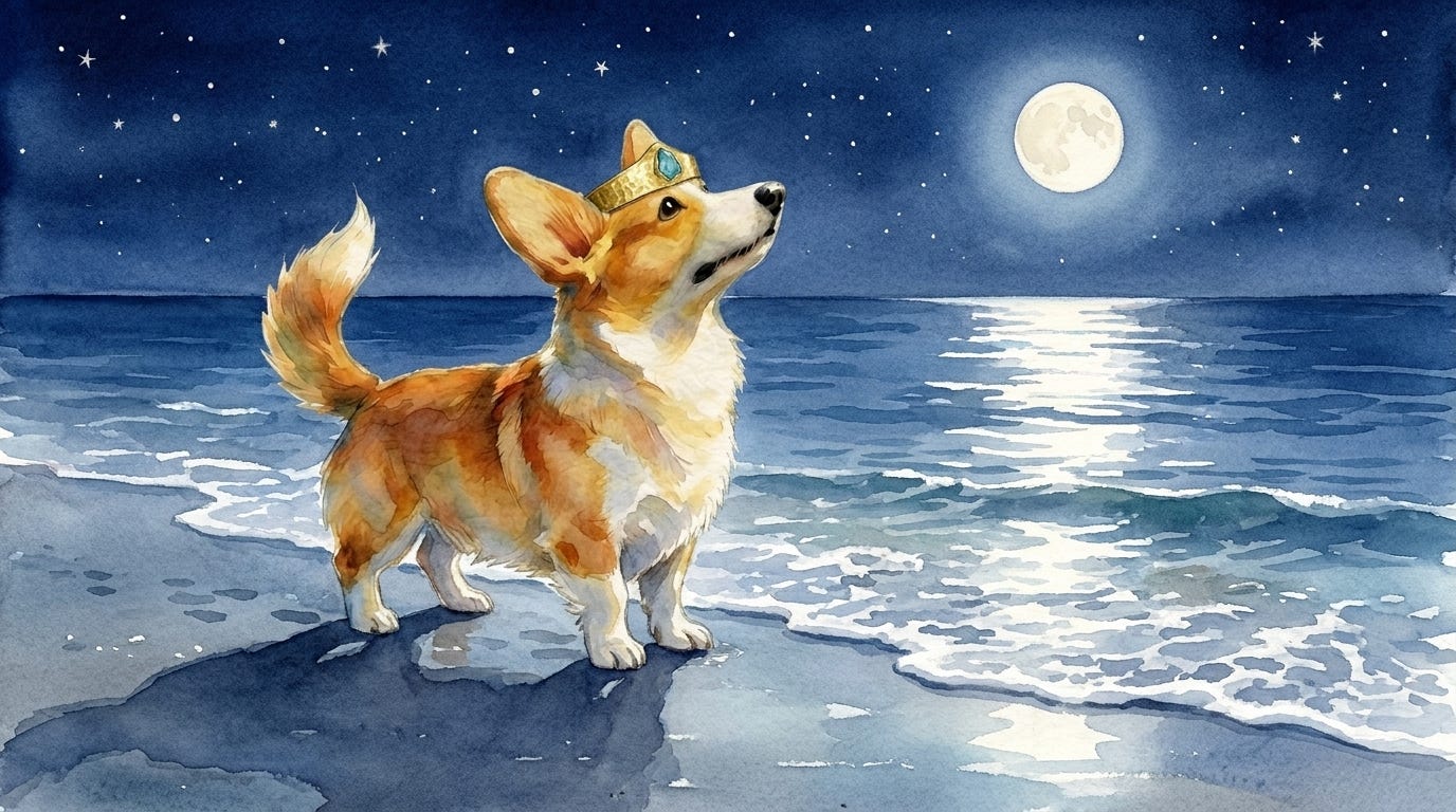 A full moon rises over the quiet beach where Prince Freddie's first sleep story begins.
