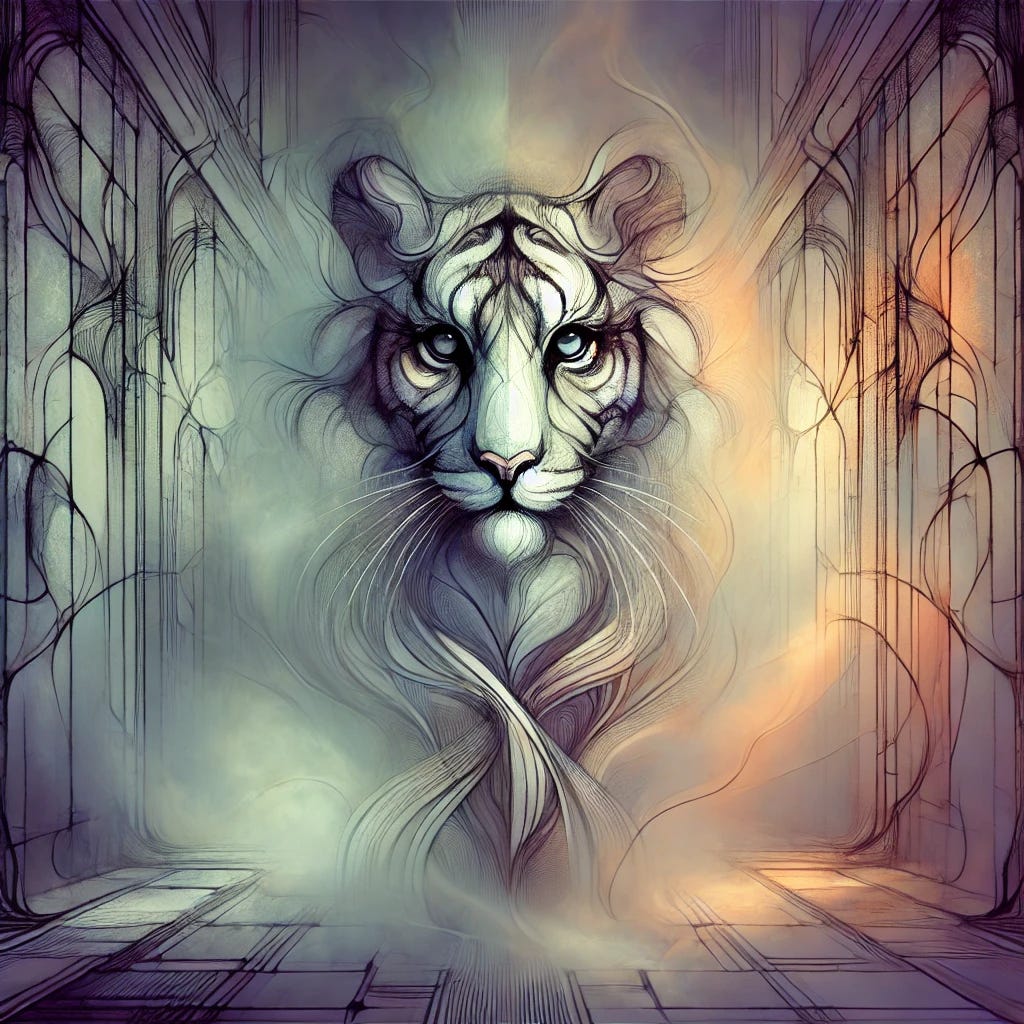 An abstract drawing of a liminal tiger awaiting in an eerie, dreamlike space, staring straight ahead with an intense, mysterious gaze. The tiger is stylized with surreal, flowing lines and fragmented shapes, blending into the hazy, undefined environment. The background consists of misty corridors, fading doorways, and shifting geometric patterns, evoking a sense of in-between reality. The color palette is muted with soft glows of neon and deep shadows, enhancing the unsettling and surreal atmosphere. The composition creates a mysterious, almost ghostly presence of the tiger, making it feel like a being lost in time and space. Created using: abstract sketching techniques, soft atmospheric shading, dreamlike lighting, surreal composition, fine line work, layered transparency effects, and a moody color gradient.