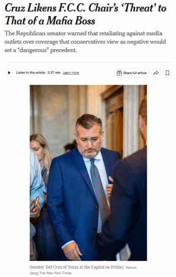 NYT: Cruz Likens F.C.C. Chair’s ‘Threat’ to That of a Mafia Boss