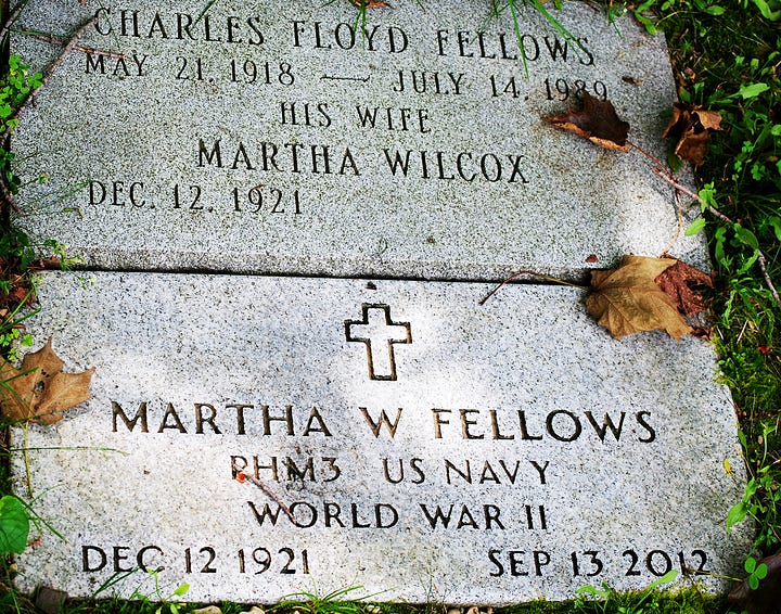 arlington national cemetery (b/w) row upon row of stones; gravestone of Martha Wilcox Fellows, pharmacy mate, US Navy, WWII; gravestone and brass plaque honoring Samuel Greeley, "soldier of the revolution with Washington's Army at Valley Forge"; two graves reading at Arlington National Cemetery
