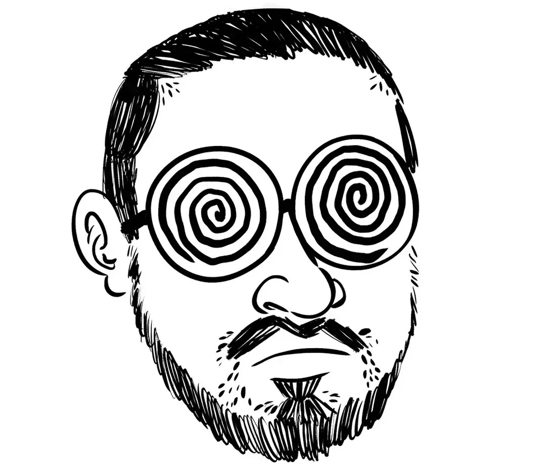 A black-and-white self-portrait by Tito Adler depicts the cartoonist with closely cropped hair, a trimmed beard, a curled mustache, and large spiral eyes staring directly at the viewer. A black-and-white self-portrait by Tito Adler depicts the cartoonist with closely cropped hair, a trimmed beard, a curled mustache, and large spiral eyes staring directly at the viewer.