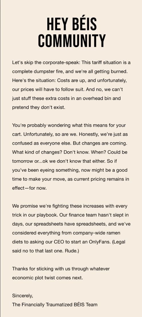 Text on a beige background begins with "HEY BÉIS COMMUNITY." The humorous message addresses tariff impacts on prices and thanks customers for support. The email starts with: “Let’s skip the corporate-speak: This tariff situation is a complete dumpster fire, and we’re all getting burned.”