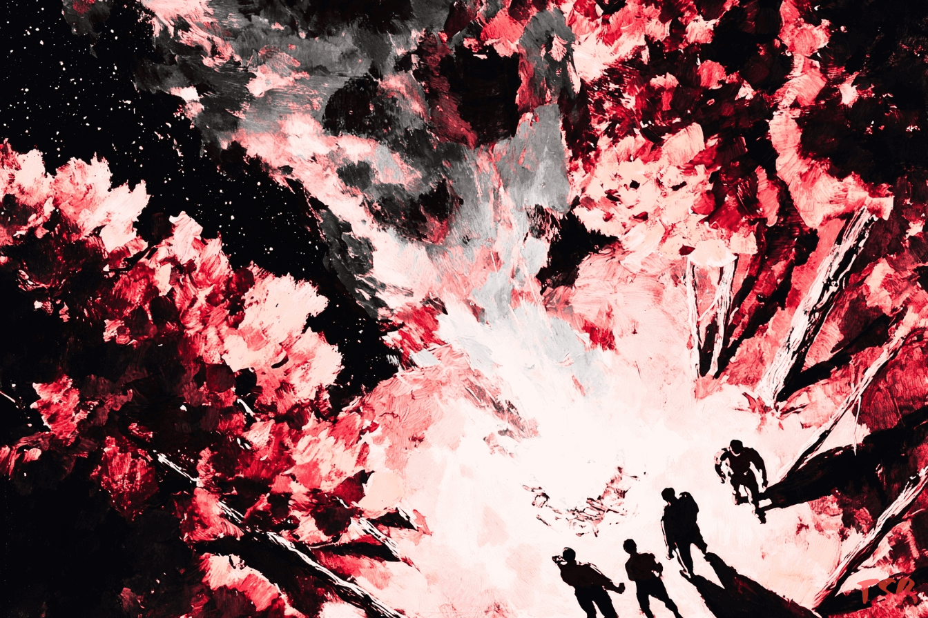 Bird’s eye view of four standing male silhouettes around a high, ravenous bonfire in a dark forest, the atmosphere tense and charged.