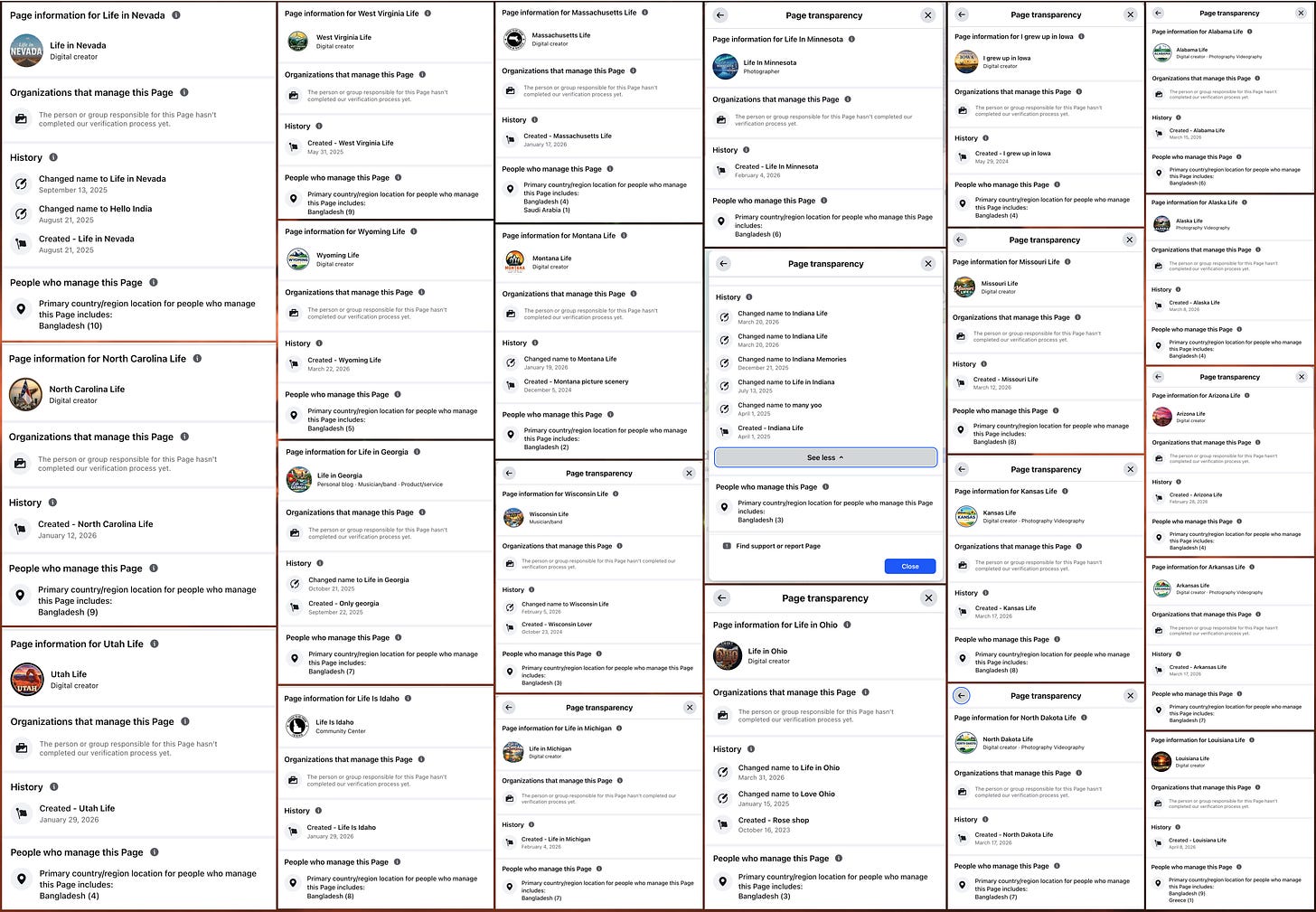 screenshots of the page transparency sections of various U.S. state-themed AI image spam Facebook pages, showing page operators in Bangladesh screenshots of the page transparency sections of various U.S. state-themed AI image spam Facebook pages, showing page operators in Bangladesh