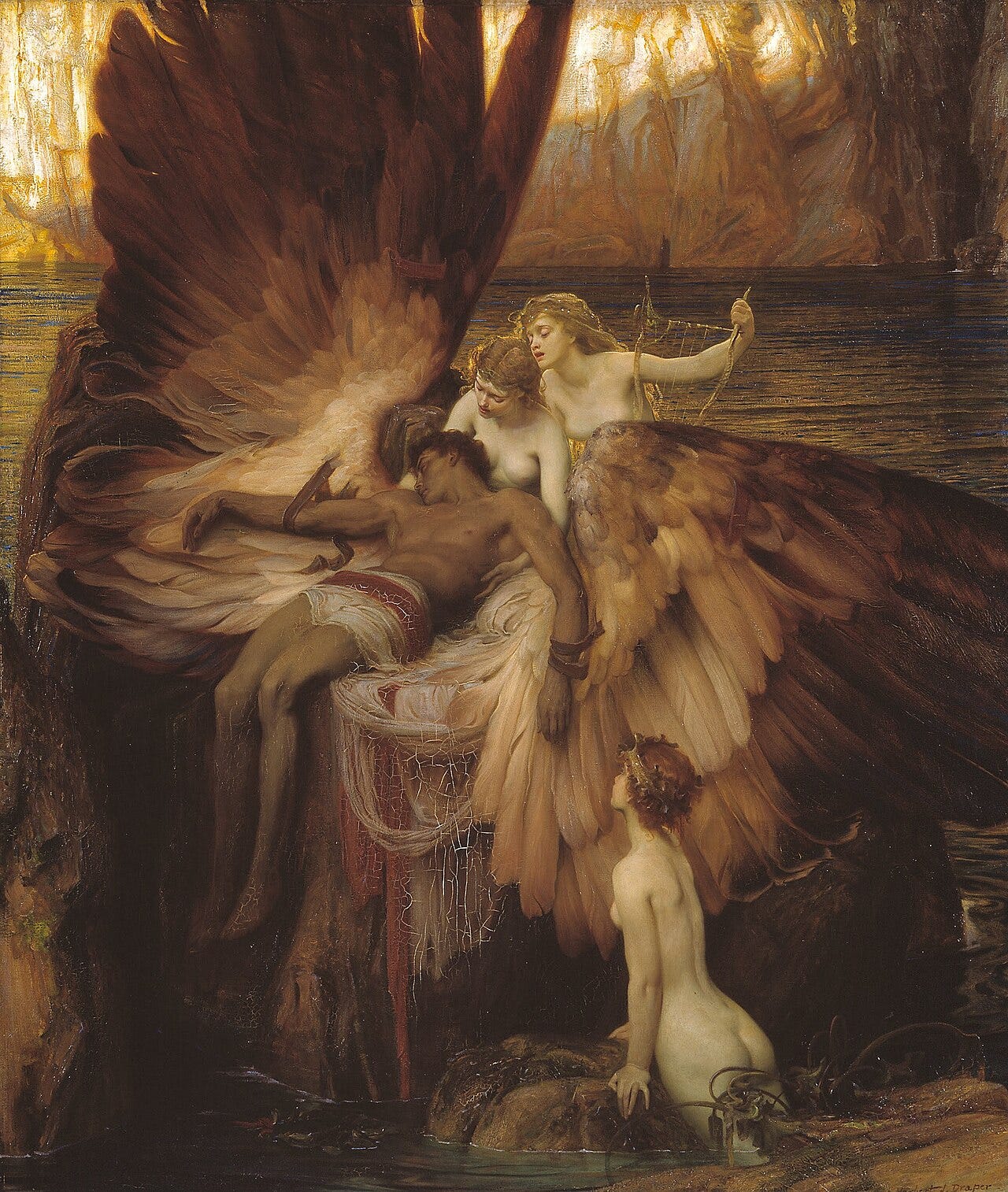 Draper's Lament for Icarus, nymphs mourning over the fallen boy and his great wings Draper's Lament for Icarus, nymphs mourning over the fallen boy and his great wings
