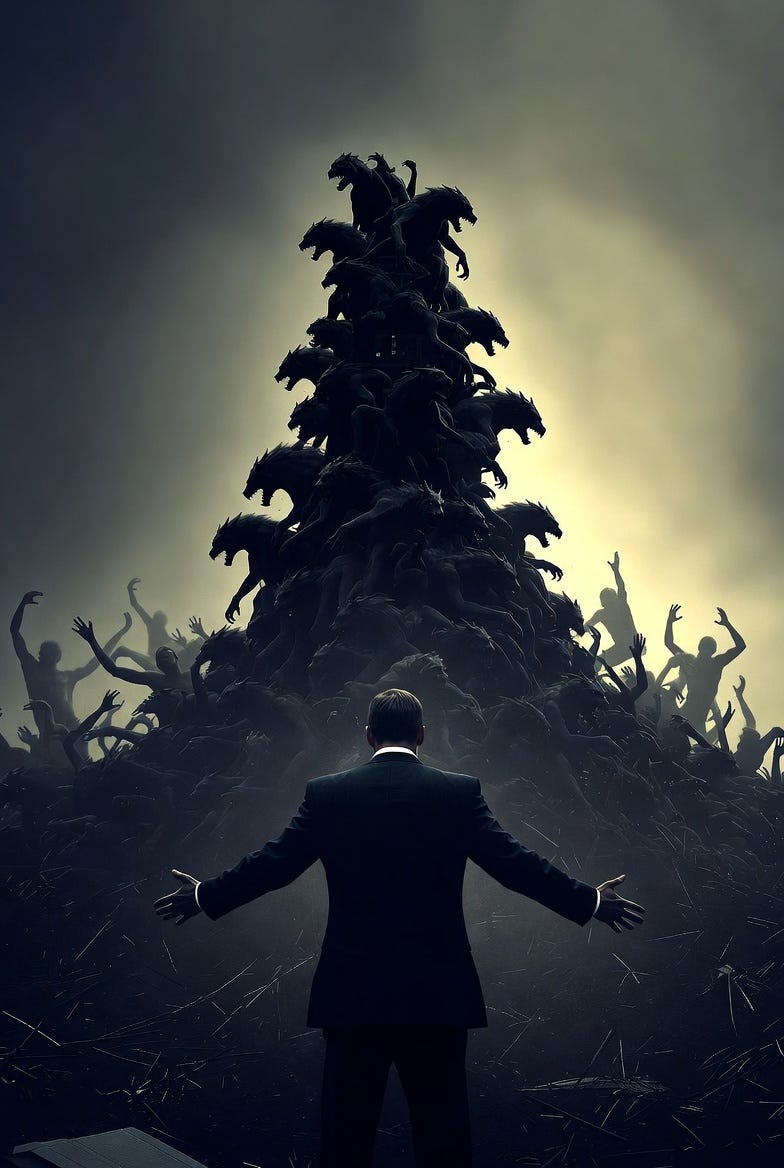 A human figure in a dark suit confronts shadowy beasts in a dramatic, chaotic scene.