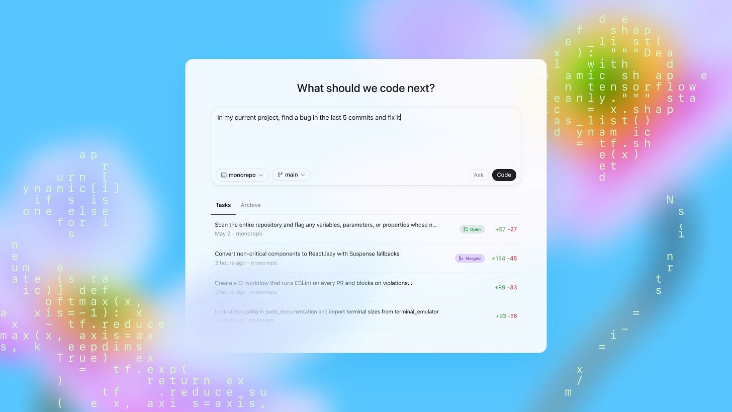 Dashboard asking ‘What should we code next?’ with a prompt box, repo/branch selectors, and a task list on a pastel code-themed backdrop.