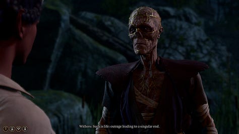 A set of screenshots of the game Baldur's Gate 3, featuring environments and dialogue.