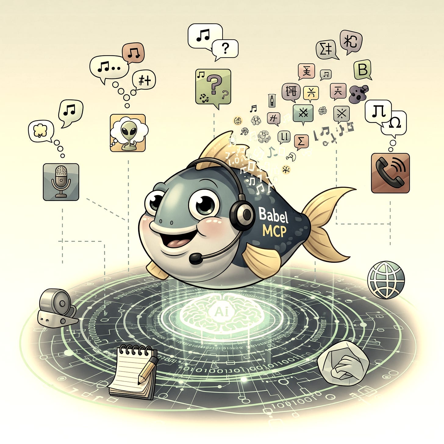 MCP architecture diagram styled as a spacecraft schematic, showing an AI system with an “MCP Babel Fish” in its data stream, surrounded by various external services (Slack, Salesforce, GitHub, etc.) all communicating in perfect harmony, with small warning signs indicating potential security vulnerabilities