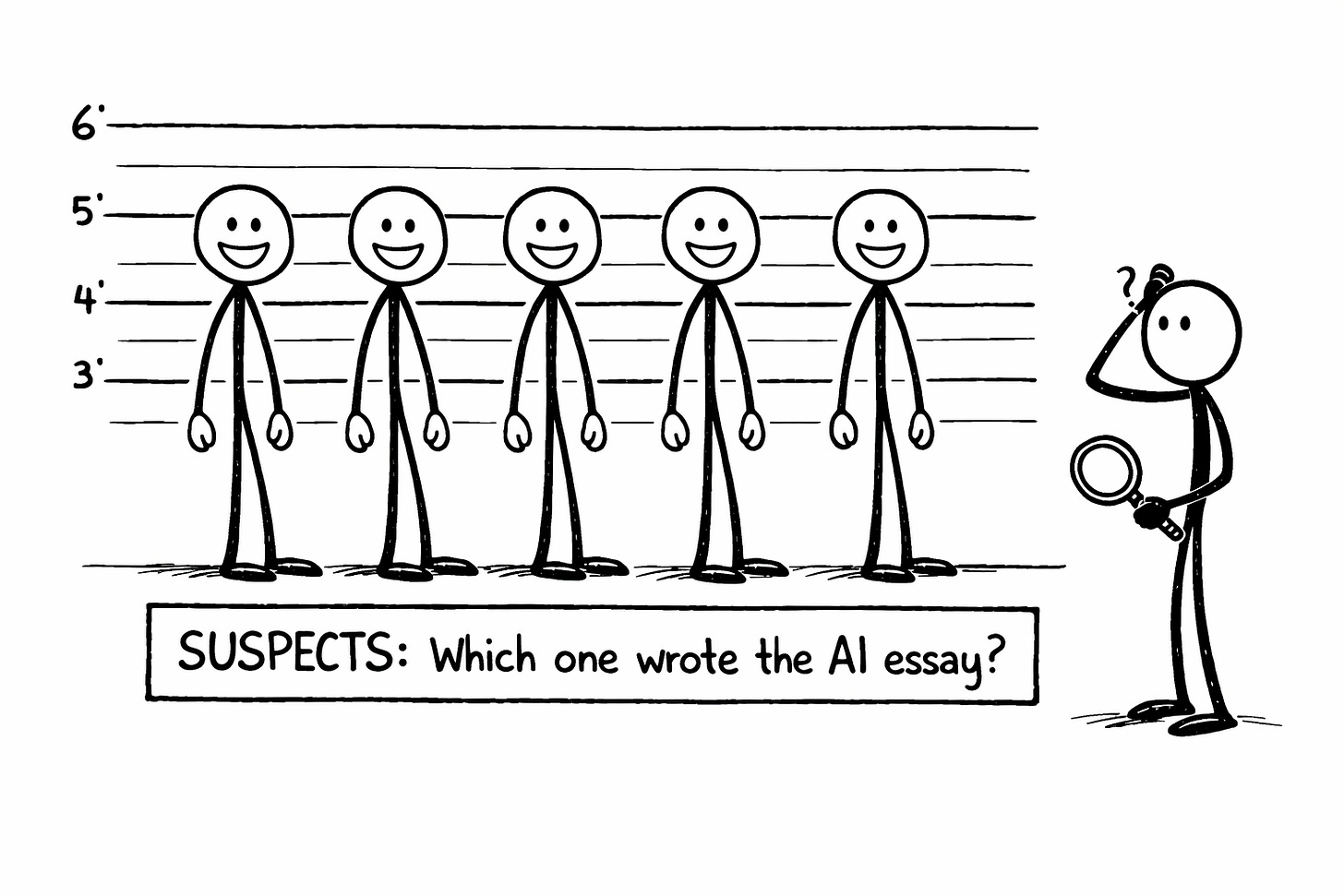 Police lineup of five identical smiling stick figures with a confused detective holding a magnifying glass, captioned "SUSPECTS: Which one wrote the AI essay?" illustrating how AI-assisted writing strips individuality and makes all content indistinguishable.